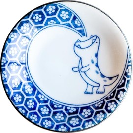 Awasaka EK88-L02 Edokko Dinosaur Blue Flame Dragon Dinner Dish, Made in Japan, φ3.5 x 0.6 inches (90 x 15 mm)