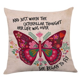 Littlefa Inspiring Gifts Cute Colour Flower Throw Pillow Cover Butterfly Cushion Cover Decorative Pillowcase Living Room Bedroom Decor for Girls Friends Daughter Niece Women - She Began to Fly