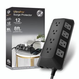 GE UltraPro 12-Outlet Surge Protector, 8 Ft Braided Extension Cord, Multi Plug Outlet Extender, Adapter Spaced, Flat Plug, for Home, Office, Dorm, 3540 Joules, Black, 81784