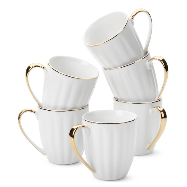 BTaT- White Coffee Mugs, Set of 6, 12oz, White Porcelain with Gold Trim Coffee Mug Set, Hot Chocolate Mugs, Ceramic Mugs, Large Mugs for Coffee, Set of Mugs, Hot Cocoa Mugs