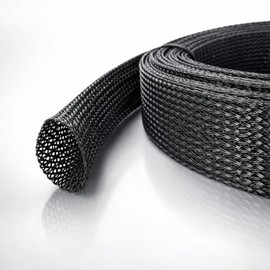 MGI SpeedWare Funda de cable trenzada de PET extensible sin dividir, telar negro de alta temperatura para arnés automotriz y gestión de cables resistente a las mordeduras, longitud de 25 pies (1.5 pulgadas)