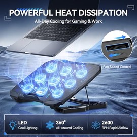 TECKNET Almohadilla de refrigeración para laptop con soporte para teléfono, 9 ventiladores silenciosos con luces LED, 5 altura ajustable y 2 puertos U