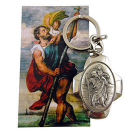 St Christopher Metal Keychain Travel Saint Key Ring with Holy Card Set