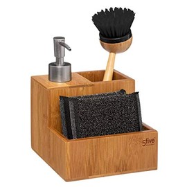 5Five Soap Dispenser with Brush and Sponge - Made of Bamboo - Easy to Use - Ideal Accessory for Kitchen and Bathroom