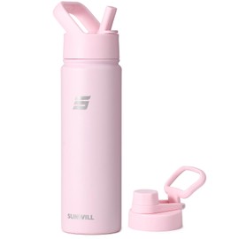 SUNWILL Metal Water Bottle with Straw Stainless Steel, 650ml Insulated Leakproof Thermal Flask with 2 Lids for Cold and Hot Drink, Running, Sports, Gym, Travel, Sakura