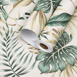 HotDecor Golden Leaf Tropical Peel and Stick Wallpaper for Accent Wall Removable Floral Green Gold Tropical Contact Paper for Cabinets Shelf Liner Bedroom Decor Wall Paper Vinyl Roll 118"x17.5"
