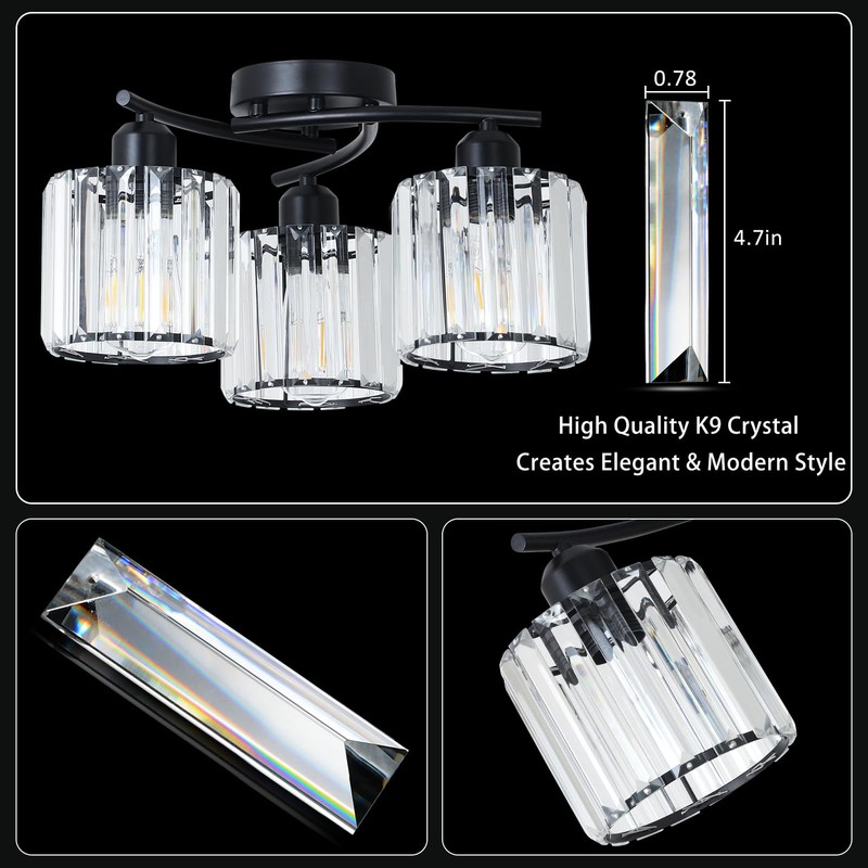 Crystal Semi Flush Mount Ceiling Light,3-Light Black Close to Ceiling