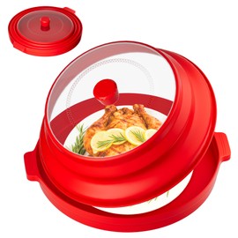 2 in 1 Microwave Splatter Cover, Large Plastic & Silicone Collapsible Vented Food Guard Lid with Anti-scald Base Plate, Plate Holder & Kitchen Colander (Red)