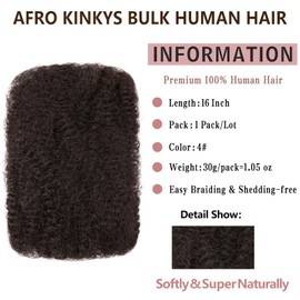 Xtrend 16 Inch Afro Kinkys Bulk Human Hair 1 Pack 30g For Mini Braiding Twists，Dreadlocks Extensions ，Repair Locs，Kinky Curly Hair Bundles, Afro Kinky Human Hair For Micro Twist Braiding Hair 4#