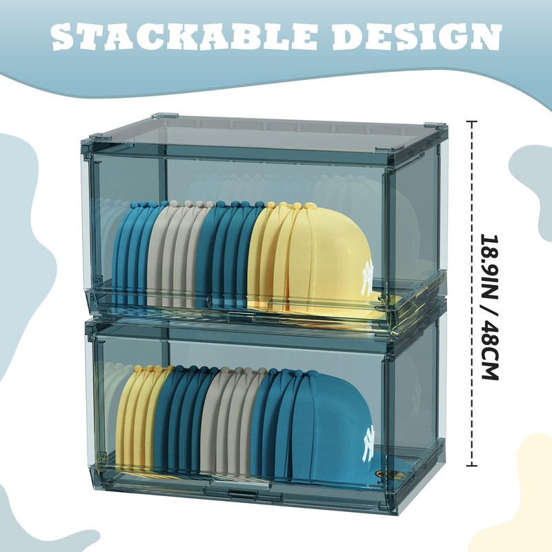 SCAVATA 2 Pack Large Hat Organizer Box, Stackable Clear Baseball