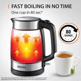 KRUPS 1.7L Glass Electric Kettle: Fast-Boiling 1500W with LED Indicator, Anti-Scale Filter, Auto Shut-Off, and Cordless Design - Boil 1 Cup in 80 Seconds for Perfect Tea and Coffee