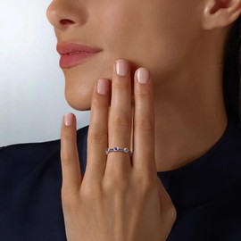 AGRULE Bezel Set Anniversary Band 0.3 Cttw Blue Eternity Band Rings for Women 14K White Gold Plated Sterling Silver 3 Stone Blue Sapphire Ring, Size 7