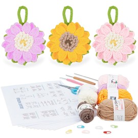 ORIGACH 3 Sets Crochet Sunflower Pendant kit for Beginner Adults, Flower Pendant Bag Starter Crochet kit Easy Crochet Kit with Step by Step Video Tutorial Instruction
