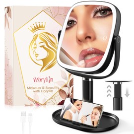 Makeup Vanity Mirror with Lights - 10x/1x Magnifying Mirror with Light, Rechargeable Desk Mirror with 3-Color Lighting & Memory Function, 360° Adjustable Table Mirror, Gift for Women (Black)