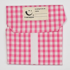 the Wrapper, Re Wrap It Sandwich Bags, Quarter Inch Pink Check, No Waste Packaging, Eco Friendly, Reusable Food Wraps. Made In Scotland.