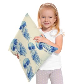 Beabes 18x18 Inch Cushion Case Decor Blue Jellyfish, Watercolor Ocean Marine Fishes Sea Life Jellyfish Farmhouse Throw Pillow Cover Home Pillowcase Decorations for Sofa Couch Office Car