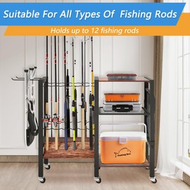 Dobures Fishing Rod Holders, Fishing Gear, Fishing Rod Holders for Garage, Fishing Equipment Organizers, Fishing Pole Holders, Fishing Rod Tackle Cart, Holds up to 12 rods, 3 floors (33''x 12''x32'')