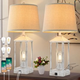 28" Farmhouse White Table Lamps for Living Room, 3-Way Dimmable Besides Nightstand Set of 2 Touch Control with USB Ports, Rustic Modern Vintage Retro Lamps for Bedroom, Home, Office, 4 Bulbs Included