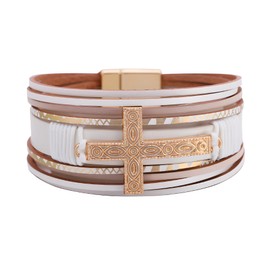 Deerllia Cross Leather Bracelet for Women, Multi-Layer Braided Leather Cuff Wrap Bracelets with Aolly Clasp Stacked Religious Anniversary Mother's Day Birthday Christmas Jewelry Gifts for Her, White