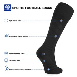 Closemate Football Socks 2 Pairs Non Slip Knee High Sport Socks for Men Women Anti Slip Cushioned Wicking Anti Blister Athletic Socks for Football Basketball Hiking Running (2 Black, Size M)