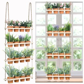 FillTouch 4 Tiered Hanging Herb Planters Hanging Herb Garden Wall with 16 Pcs Nursery Pot Wood Vertical Hanging Window Plant Shelf with Holes and Rope Plastic Flower Pots Spring Garden Indoor Kitchen