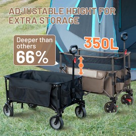 TIMBER RIDGE 350L XL Folding Wagon Cart, Extended Height Heavy Duty Collapsible Utility Cart with Brake for Beach Camping Shopping Garden Sports with Cup Holders Side Bag (Tan-Small Wheel)