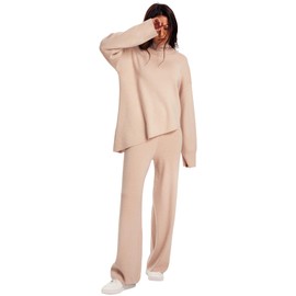 Amoretu 2 Piece Outfits Sweater Set Long Sleeve High Neck Knit Sweater Tops and Wide Leg Pant, Apricot S
