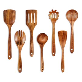 Mooues Wooden Spoons for Cooking, Wooden Utensils for Cooking Natural Teak Wooden Kitchen Utensils Set Comfort Grip (7 PCS SET)