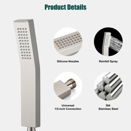 Heyalan SUS304 Stainless Steel Handheld Shower Wand High Pressure Luxury Shower Set High Flow Rectangle Hand Shower Spray with Wall Connector Holder and hose, Curved Style Brushed Nickel