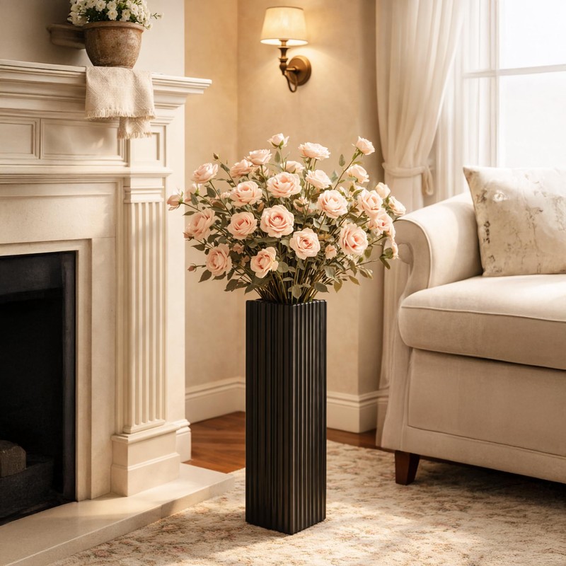 18" Modern Black Vertical Stripe Floor Vase, Tall Centerpiece Vase