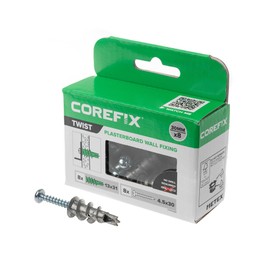 Corefix Twist Metal Plasterboard Fixing Pack of 8 Self-Drill Fixings with Screws for Tight Grip and Strong Hold. Easy to Install with NO Drill Required Suitable for All Plasterboard Types.