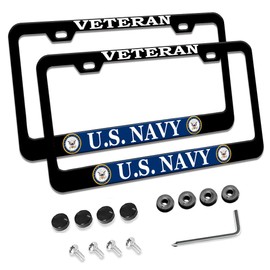 2 Pcs License Plate Frame for US Navy Veteran Black Matte Aluminum USN Car Plate Cover Holders with Screw Caps