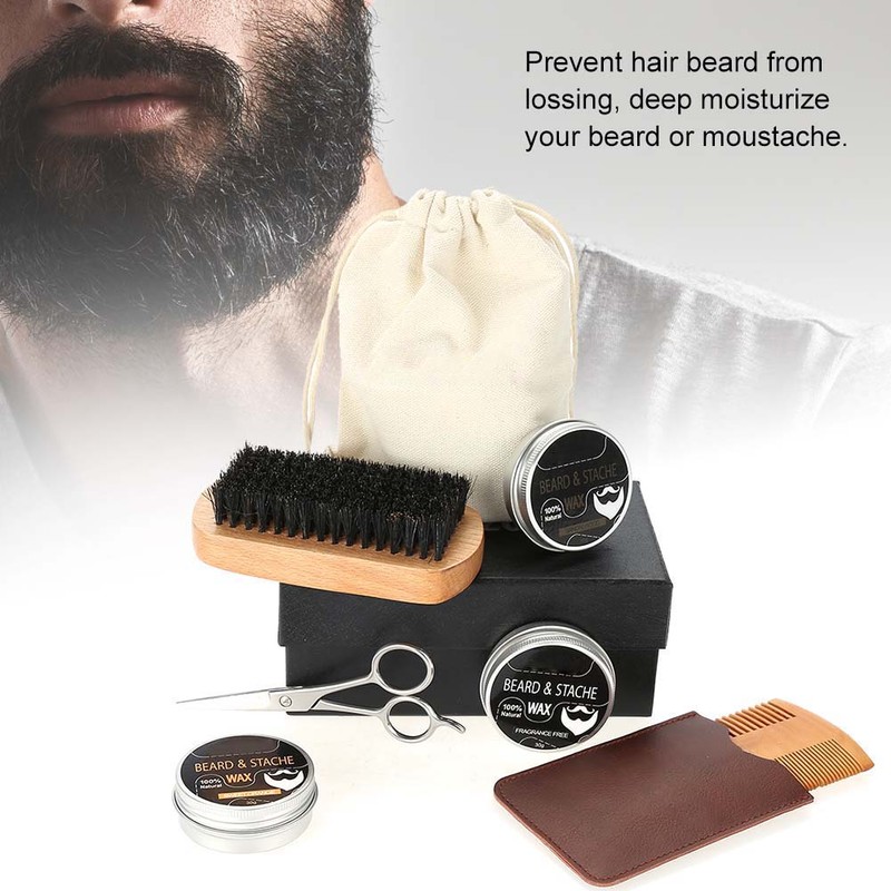 3pcs Beard Care Kit Balm Comb Brush Scissor Comb Bag
