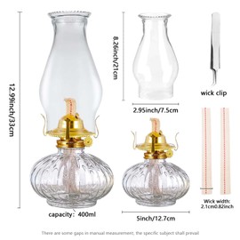 Large Oil Lamp for Indoor Use,Rustic Kerosene Lamp with 2 Pcs Wicks and 1 Tweezers,Glass Hurricane Lantern for Home Emergency Lighting (Clear)
