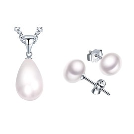 Yumilok Women's Necklace with Pendant Pearl Drop 'Tear of the Angel' Stud Earrings Piercing Earrings Jewellery Sets 925 Sterling Silver Gift for Women Girls, Sterling Silver, Pearl