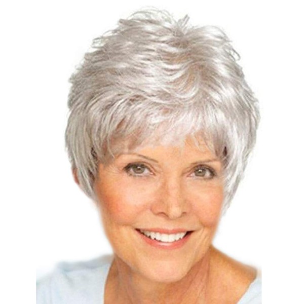 Royalfirst Short Pixie Silver White Wig Synthetic Fiber Hair Wigs