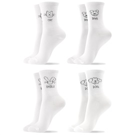 kikiya socks Women Cute Crew | 4 Pairs Cute Cat Dog Bear Rabbit Character Line Art Tube Design Novelty Funny Graphic Print Daily Boot Preppy Cotton Socks | Womens Ladies Girls Gift | Aminal D
