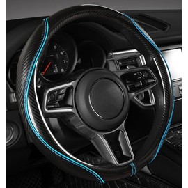 LABBYWAY Carbon Fiber Steering Wheel Cover, Universal 15 inch Breathable Anti Slip Steering Wheel Covers, Car Interior Accessories, Fit for Most Car, Trucks, SVU, (Black with Blue Line)