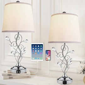 Sheetea 24.5in Modern Table Lamps - Set of 2, Silver with 2 USB Charging Ports, White Bedside Lamps for Nightstand, Unique Vine Leaf Design for End Table Reading