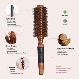 BESTOOL cepillo redondo de cerdas de jabalí con brocha de nailon para desenredar, adecuado para cabello grueso y rizado, añade volumen y brillo, 0.9 P