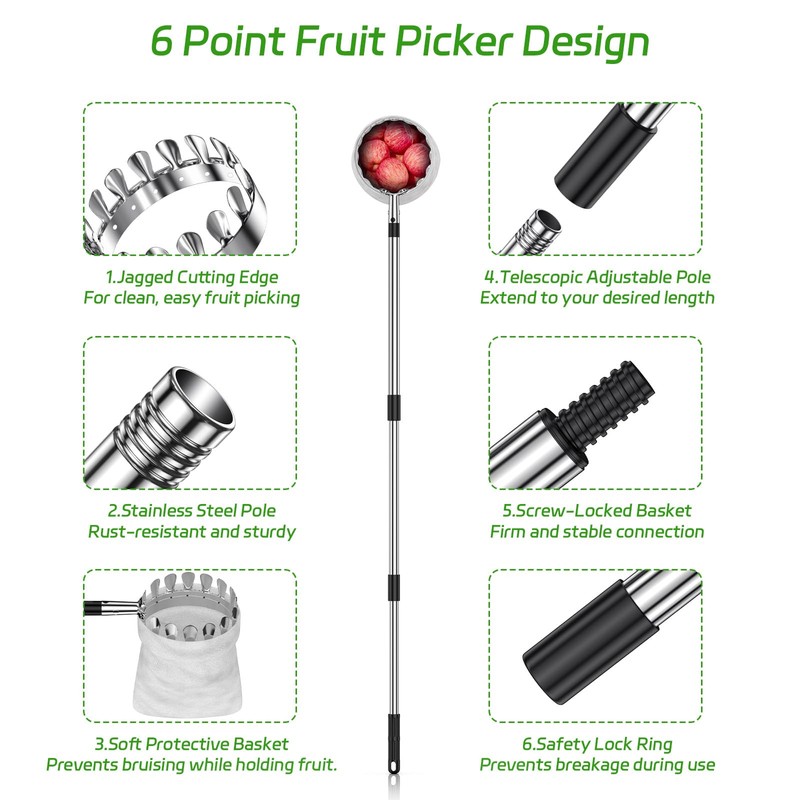 BURMONG 13.8 FT Fruit Picker Tool with Stainless Steel Pole
