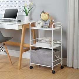 SunnyPoint 3-Tier Rolling Utility Cart – Metal Storage Organizer with Wheels, Mobile Kitchen Cart, Office & Home Organizer, White, 12" D x 16.92" W x 31.1" H