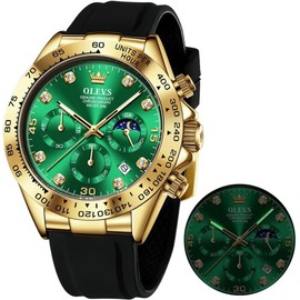 OLEVS Men's Watch Business Luxury Diamond Moon Phase Male Watch Chronograph Fashion Dress Waterproof Date Analogue Waterproof Men's Watch, 2875: green dial, Strap.
