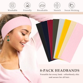 Tumurup Women's Sports Headbands, Pack of 8, Women's 6 cm Hair Bands, Men's Elastic Headband, Summer Sweat, Soft, Non-Slip Hairband, Fashion Accessories for Cosmetics, Workout, Yoga, Running, Fitness, Gym
