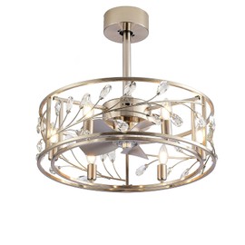 Morpholife Crystal Ceiling Fan with Light Remote Control, 20 Inch Farmhouse Low Profile Caged Chandelier, Modern Enclosed Small Ceiling Fans for Living Room/Bedroom,Brushed Nickel
