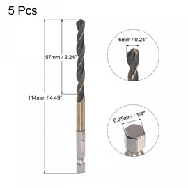 sourcing map 5 Pcs High Speed Steel Hex Shank Twist Drill Bit, 6mm Drilling Dia with 1/4 Inch Hex Shank 114mm Length