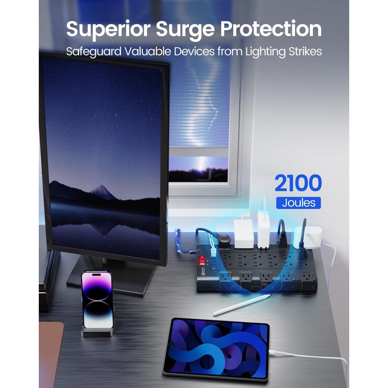 Power Strip, SUPERDANNY Surge Protector with 22 AC Outlets and