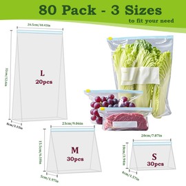 80P BPA-Free Ziplock Bags with Expandable Bottom,Reusable 3 Size Zip Lock Freezer Bags for Sandwich Fruits Food Storage,Leakproof Ziplock Bag S-30p,M-30p,L-20p Heavy Duty Food Bag for Meat Candy