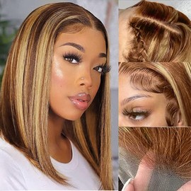 Highlight Bob Wigs Human Hair 13x4 Frontal Lace Wig 4/27 Honey Blonde Bob Wigs Glueless Wigs Human Hair pre plucked pre cut 180% Density 12A Short Bob Wigs for Women Human Hair