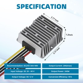 AIUWIZO 20A 240W Voltage Converter 48V 36V to 12V DC-DC Waterproof Step Down Converter for Golf Cart, Voltage Regulator Reducer Transformer with Fuse
